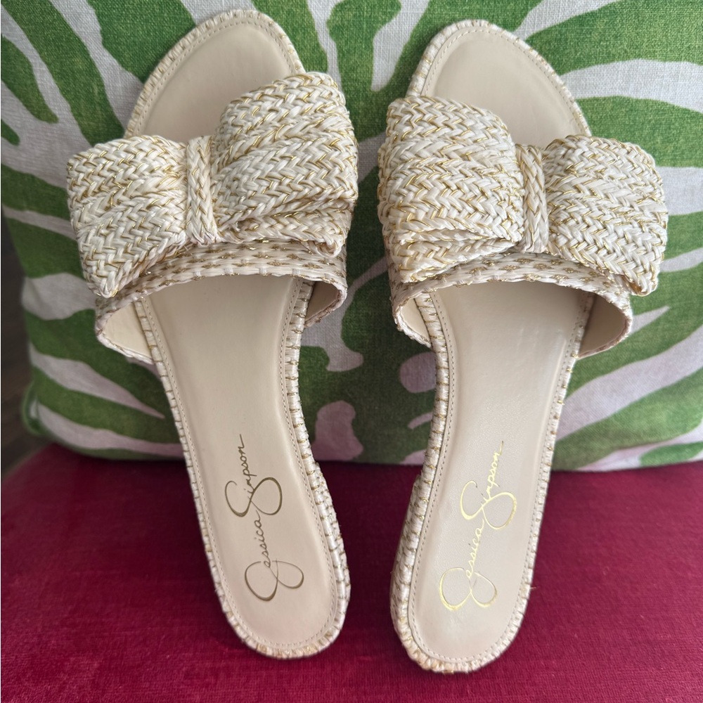 Jessica Simpson Elegant Cream and gold bow Woven Sandals - Picture 2 of 4
